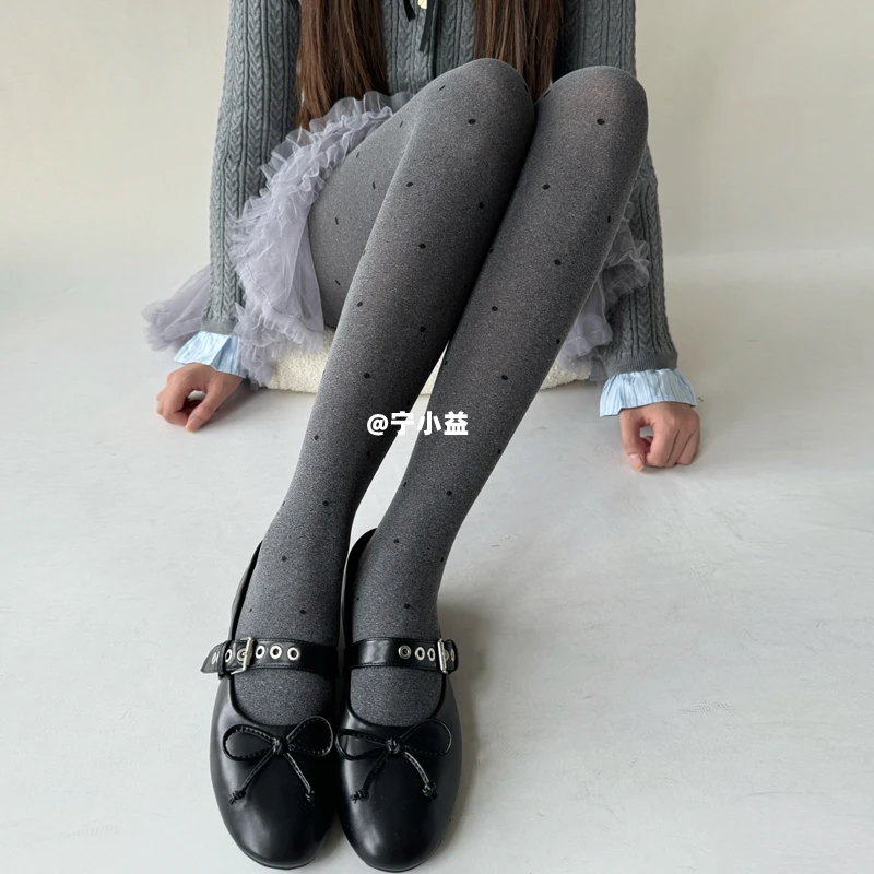 宁小益烟灰色丝袜女薄款120D微透圆点爱心春秋天鹅绒显瘦连裤袜子