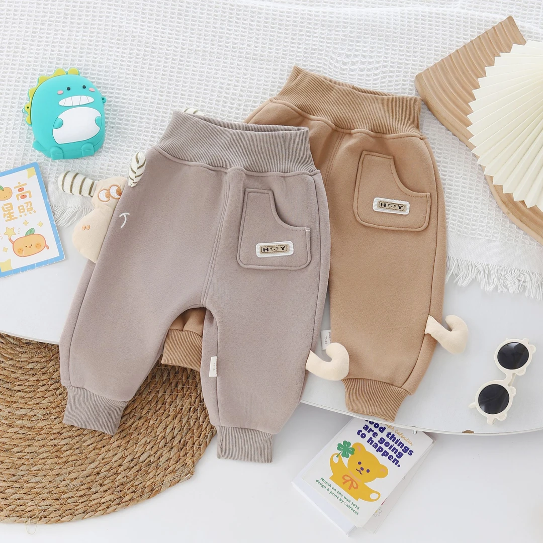宝宝卡通风长裤秋冬季男女儿童一体绒休闲裤外穿加绒保暖运动卫裤