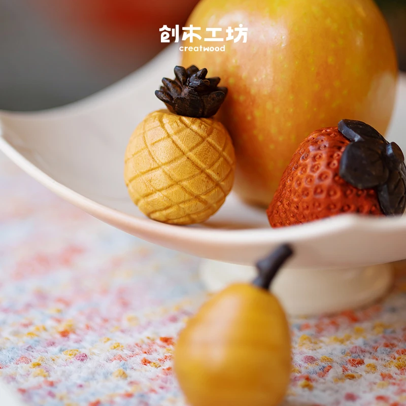 水果木雕/小苹果柿子桔子实木家居办公室桌面装饰新年乔迁礼物