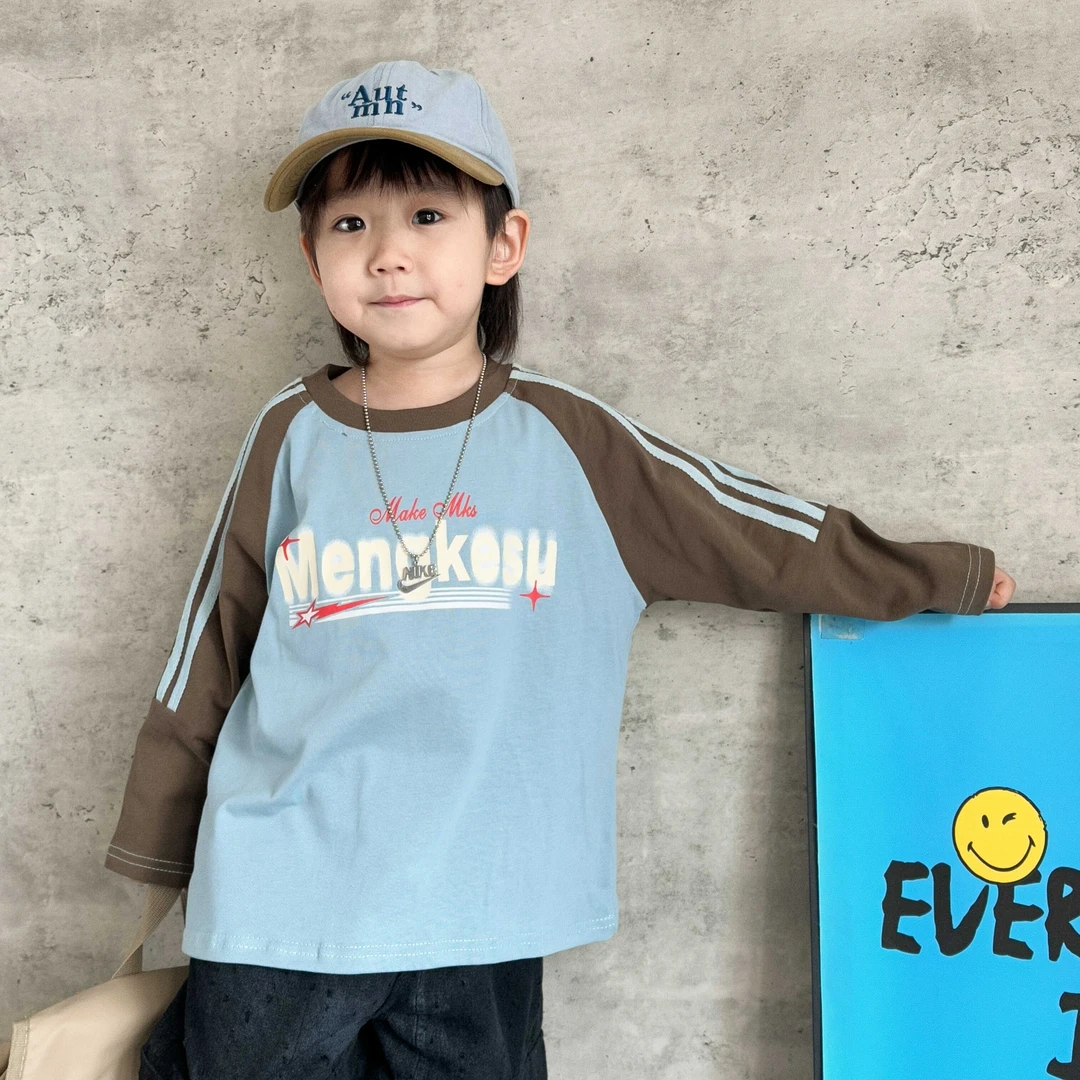 纯棉儿童T恤2024秋男女童日系撞色条纹T宝宝字母潮牌长袖打底