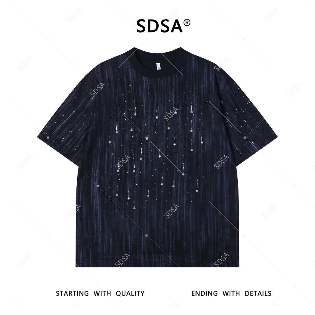 夏季高级感新款男士美式扎染烫钻珠子设计短袖T恤高街百搭上衣