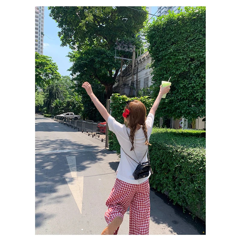 夏季新款修身显瘦小众设计感简约风印花T恤短袖上衣格纹宽松长裤