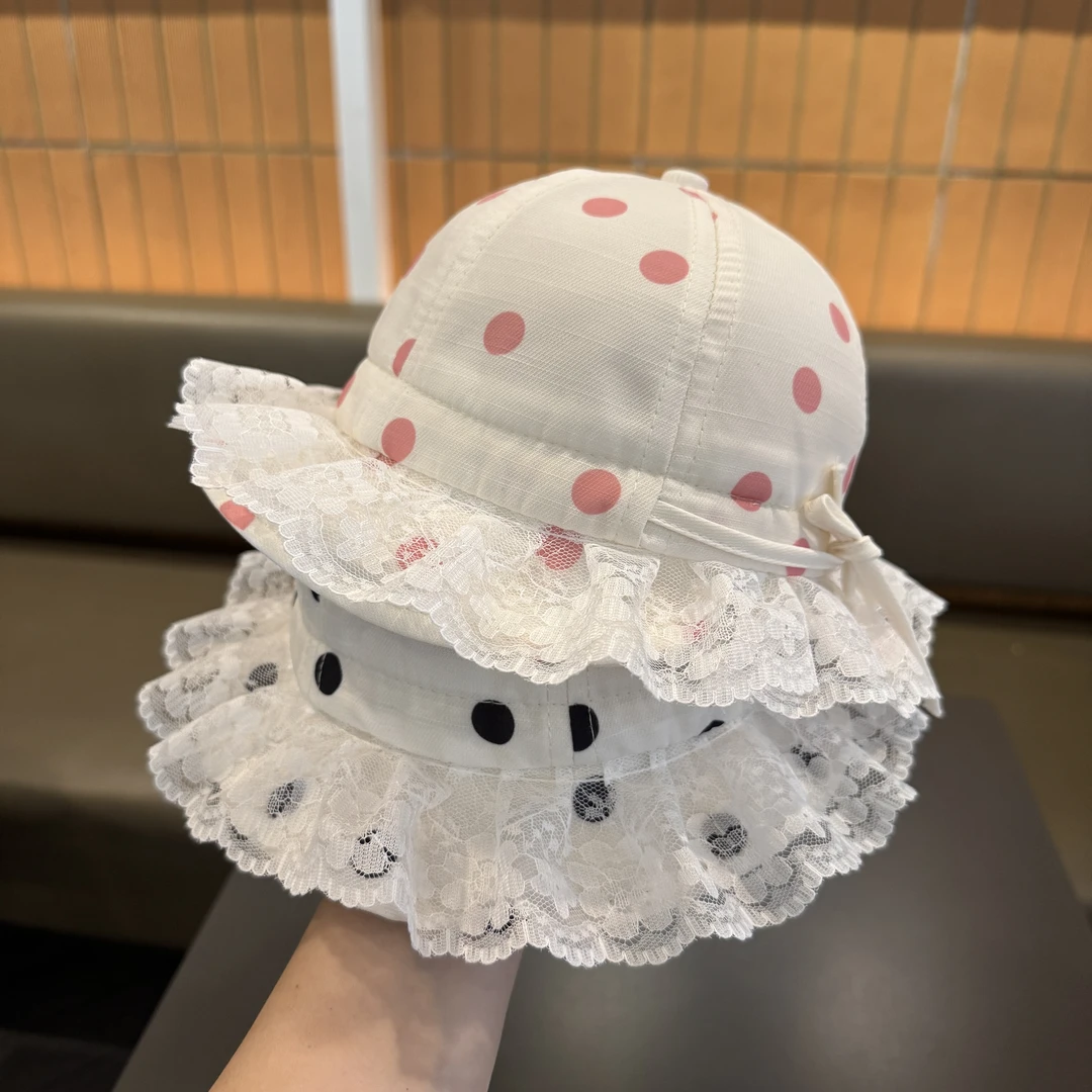 宝宝渔夫帽可爱超萌波点蕾丝花边婴幼儿女童盆帽遮阳帽夏季防晒帽