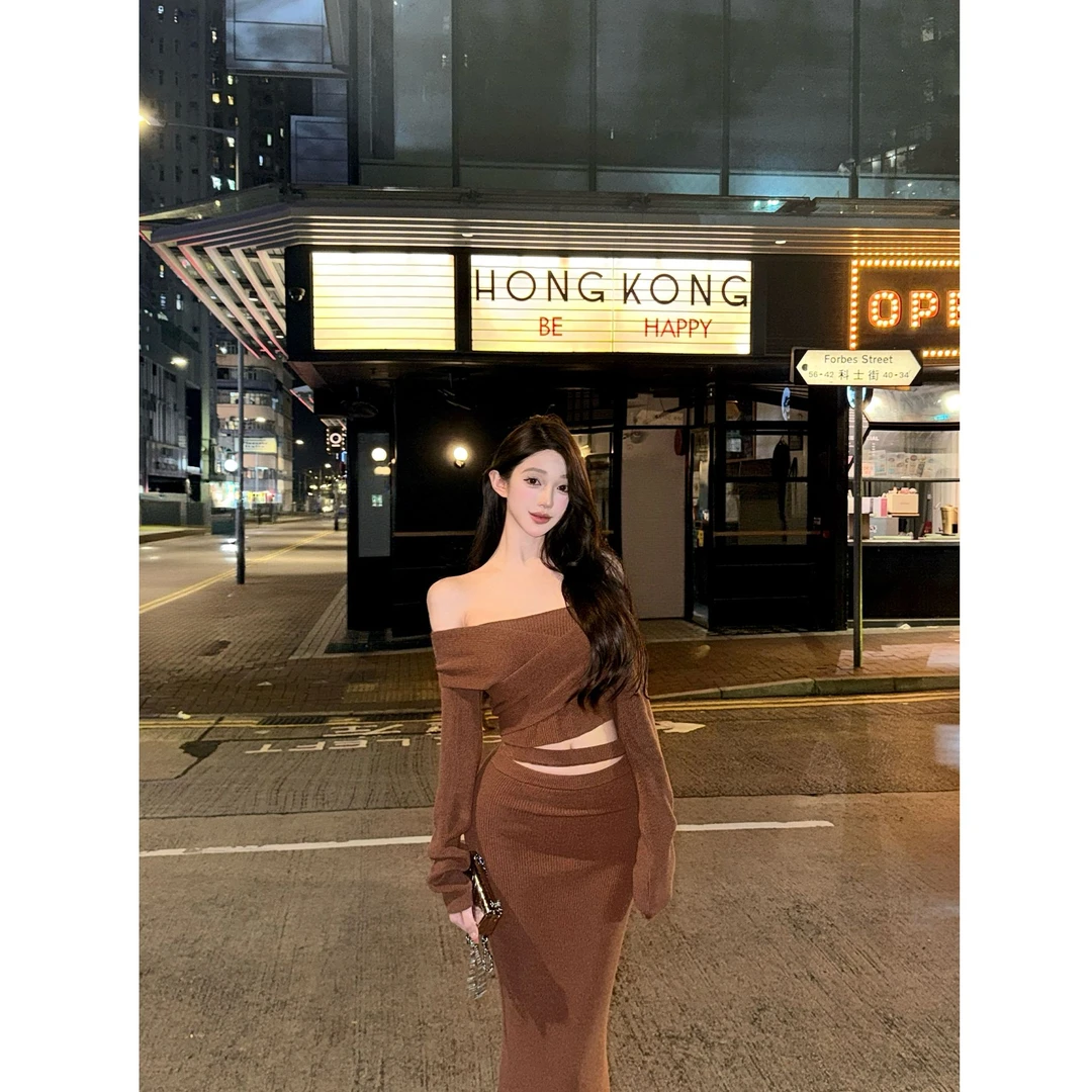 【白兰地布朗】纯欲性感浪漫一字肩收腰上衣女配显瘦包臀半裙两件套