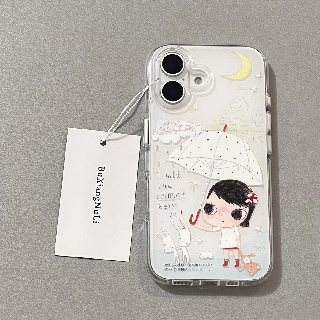 ins温馨绘画撑伞奈良美智适用苹果16pro手机壳iPhone15全包14/13