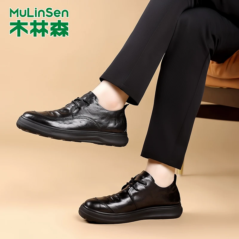 木林森皮鞋男款黑色软底系带英伦英伦风头层牛皮男鞋真皮休闲鞋