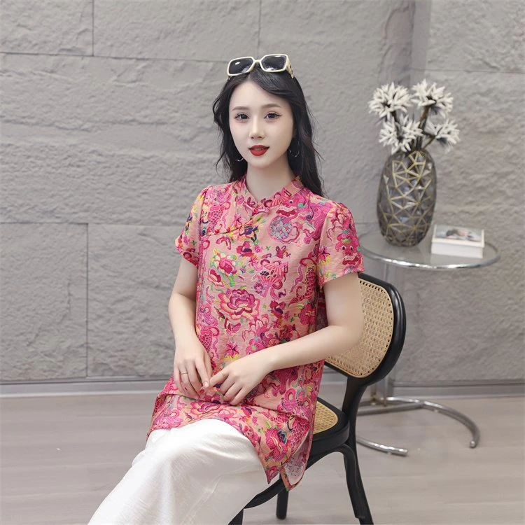 新中式中长款上衣气质女装宽松夏季提花立领短袖国风新中式女装