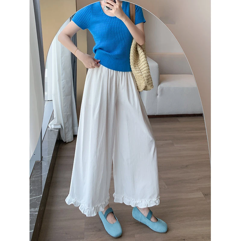 夏季爆款白色韩系木耳花边亚麻九分裤高腰直筒休闲小个子微喇叭裤