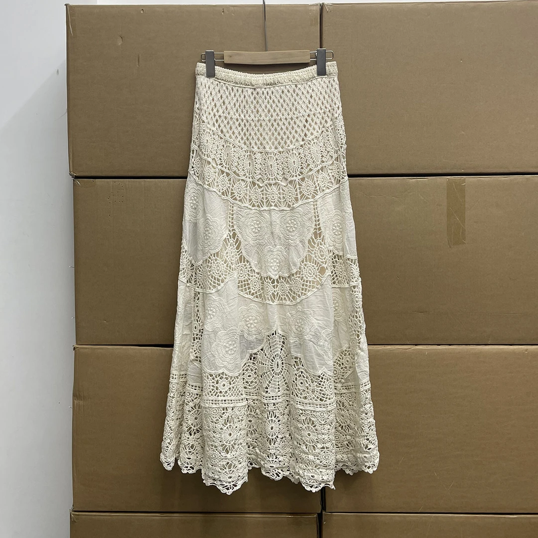 非沅！波西米亚度假钩花蕾丝半身裙女2025新款镂空针织a字大摆长裙