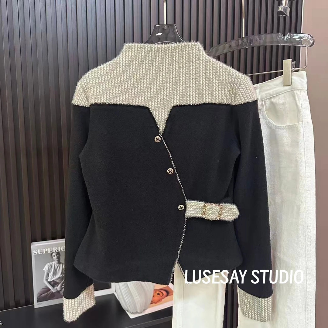 LUSESAY 重工拼接腰带假两件设计 2025秋冬新款长袖t恤女百搭