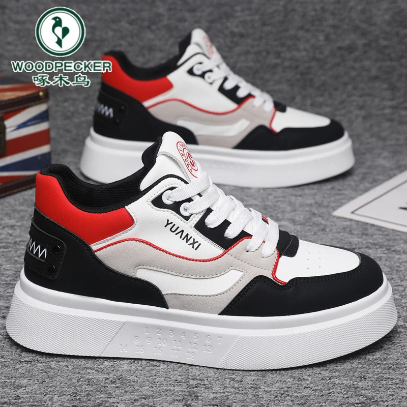 【啄木鸟】正品男鞋2025新款夏季皮面百搭轻便厚底增高拼色运动板鞋