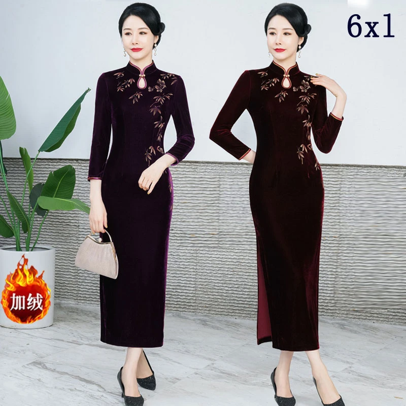 高档手绘丝绒气质喜婆婆妈妈婚宴礼服改良旗袍长款大码中老年加绒