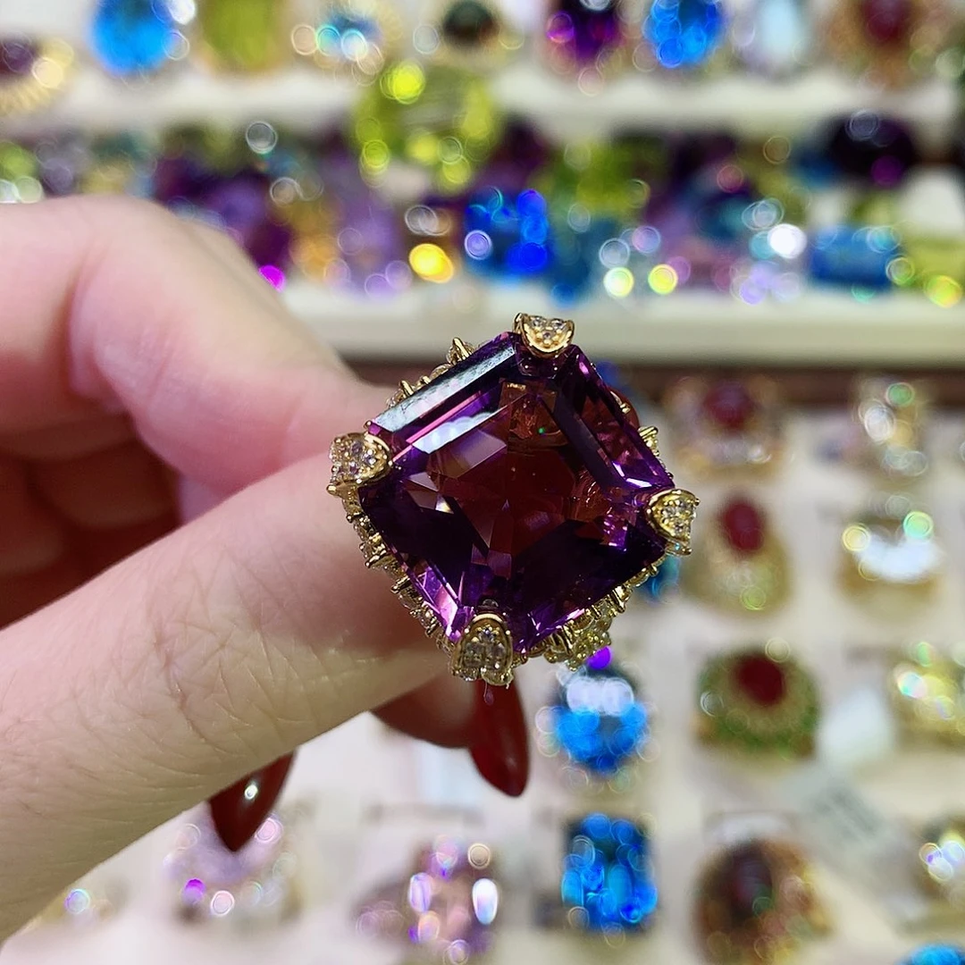 紫晶戒指银S925镀金镶嵌