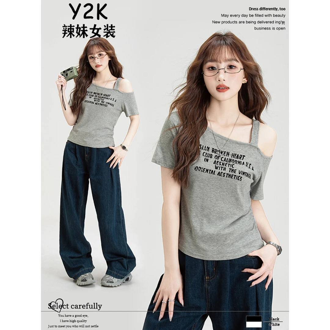 辣妹风短袖t恤女2025夏季新款修身显瘦纯欲风穿搭短款印花上衣潮