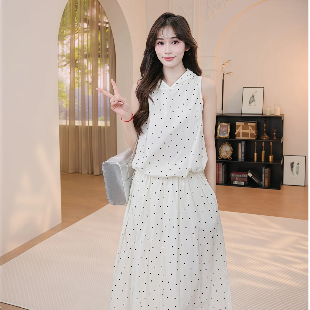 高级感法式气质韩系穿搭套装连衣裙子女夏季2025新款无袖波点长裙