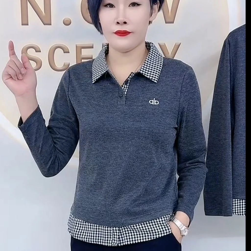 格子假两件拼接polo长袖2025T恤秋季翻领新款时尚修身遮肉上衣