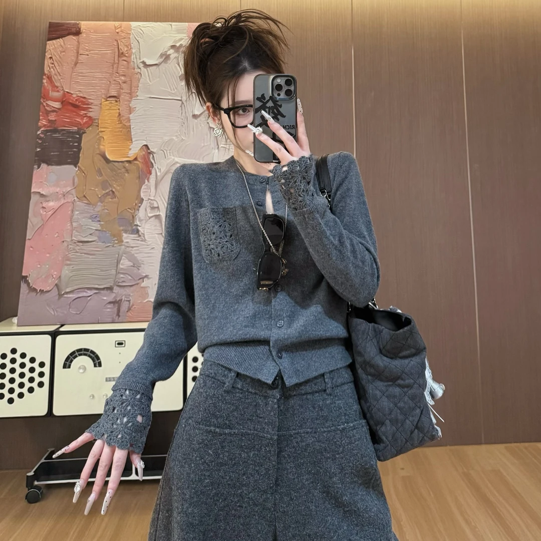 【LLU李】厚针织衫打底衫勾花设计毛衣开衫外套上衣 LLU-11281903