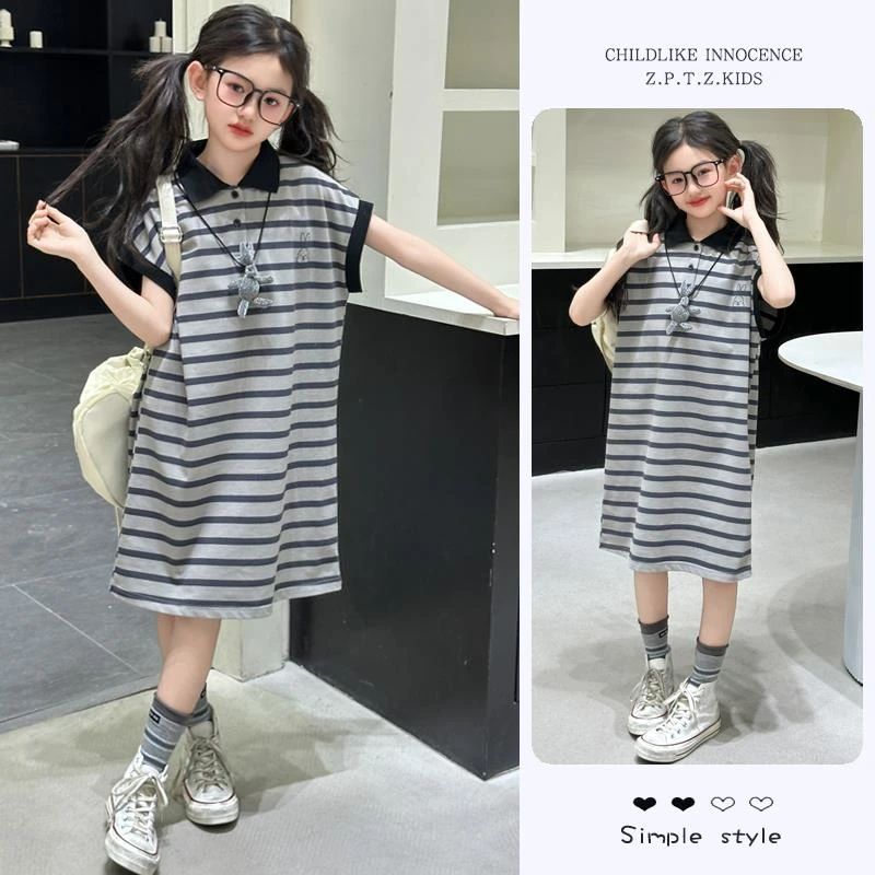 女童夏装条纹短袖连衣裙2025新款女大童洋气中长款夏季POLO领裙子