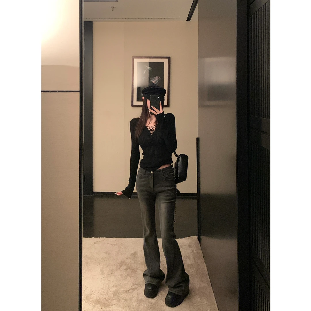 SKKSkk Store 超模比例 经典美式加绒微喇牛仔裤蜜桃臀复古拖地裤