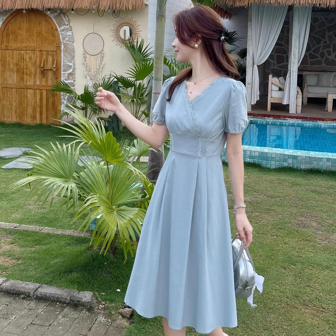 【依诗嫚】夏季新款高级感拼接小众V领显瘦收腰连衣裙（2）