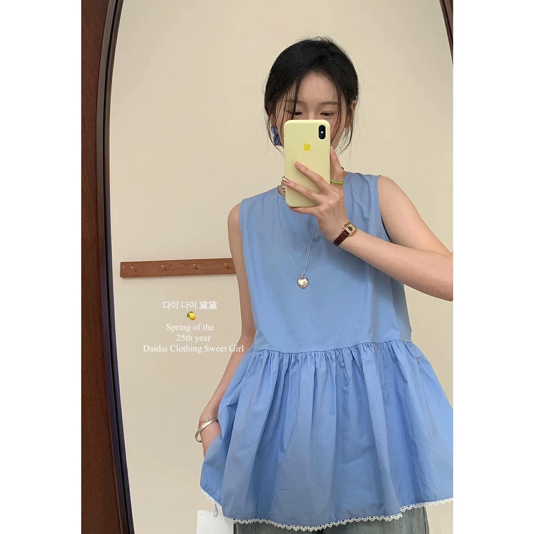 新款小清新温柔显瘦时尚百搭韩版甜美衬衣洋气蓝色夏季设计感