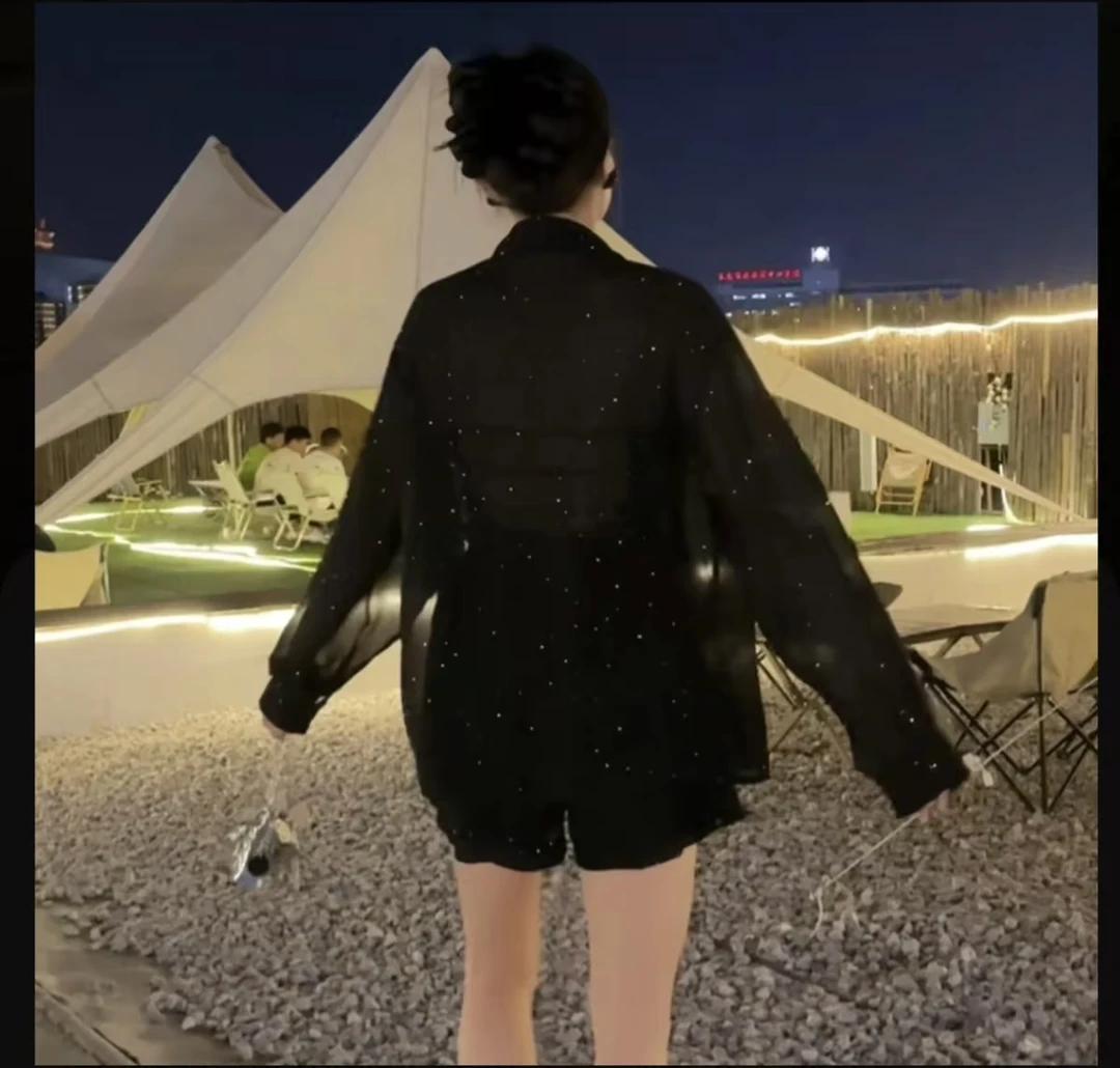 满天星重工烫钻衬衫女轻薄透视长袖上衣显瘦开扣衬衣百搭防晒衫