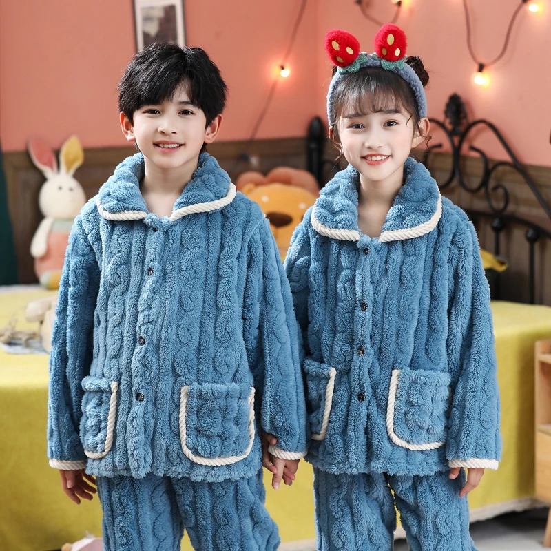 儿童秋冬季法兰绒睡衣男童女童珊瑚绒加厚加绒宝宝套装大童家居服
