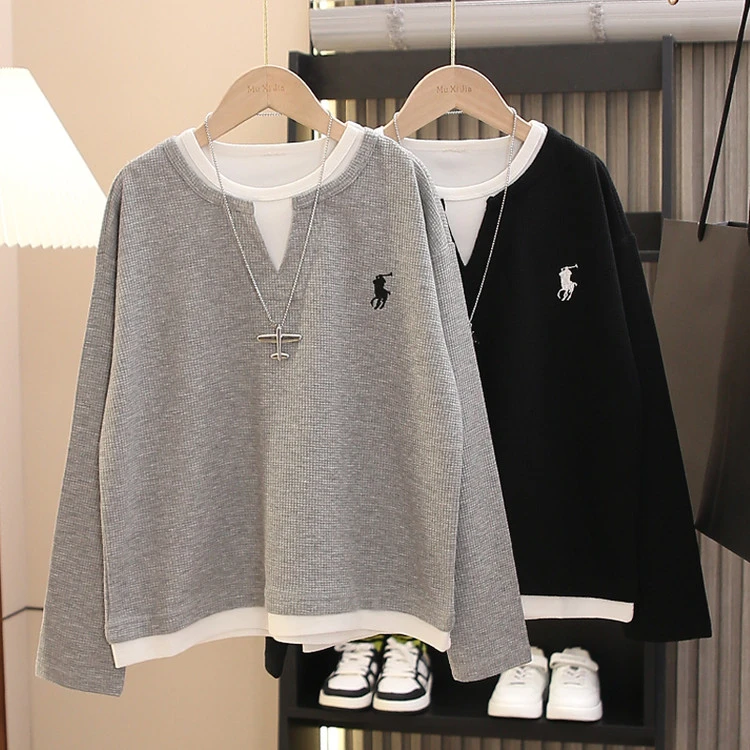 戴维【秋装新款】华夫格童装男童秋装卫衣儿童长袖T恤2025新款假两