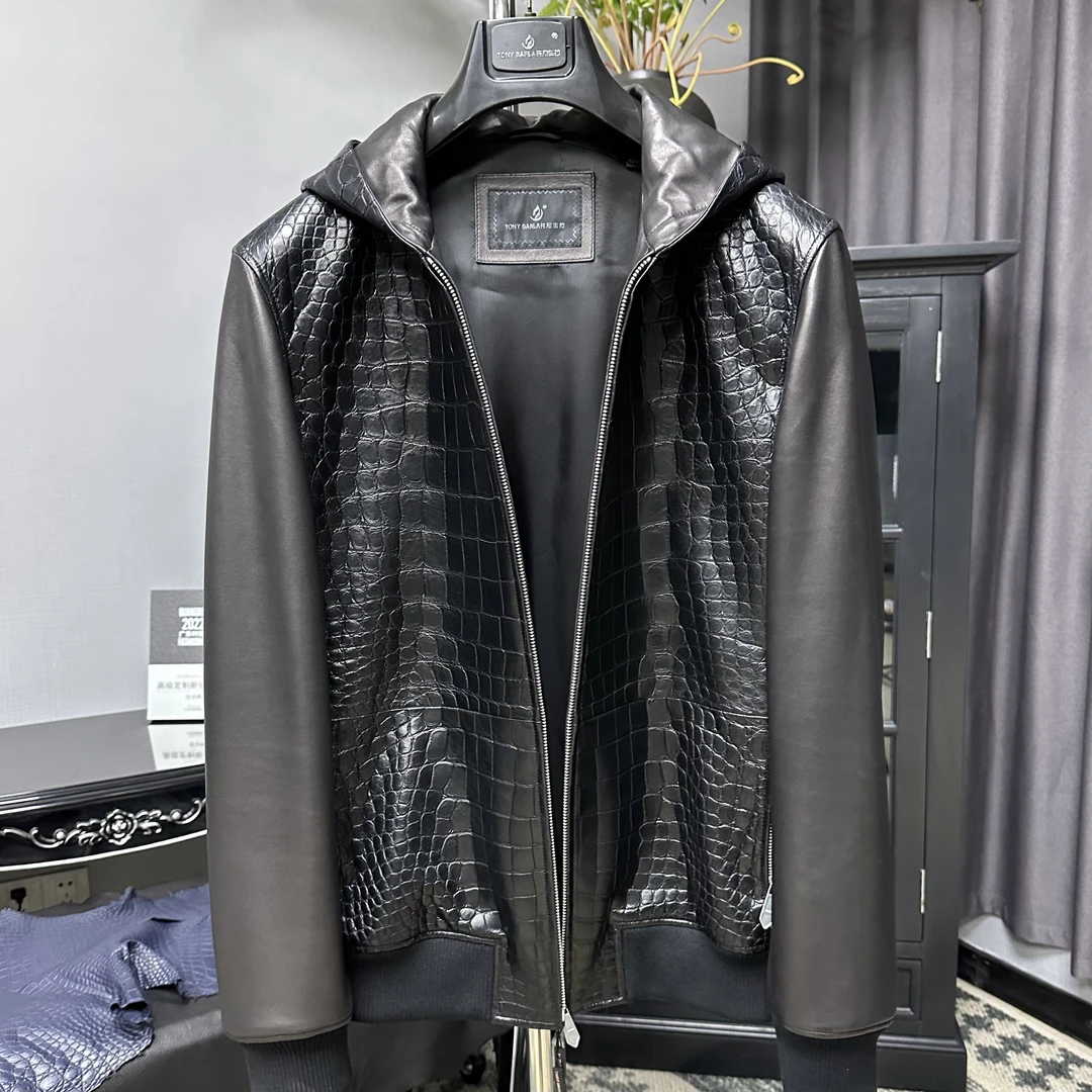 TONY BARLA托尼宝拉新款高端鳄鱼皮真皮衣男连帽宽松外套短款TF38