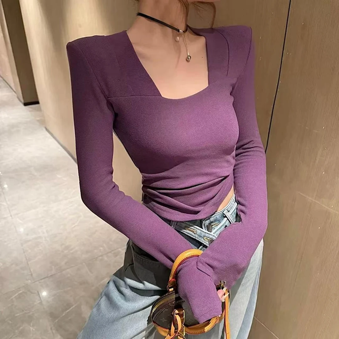 【现货慕斯双面绒+4个色】方领上衣时尚百搭显瘦修身长袖打底衫女