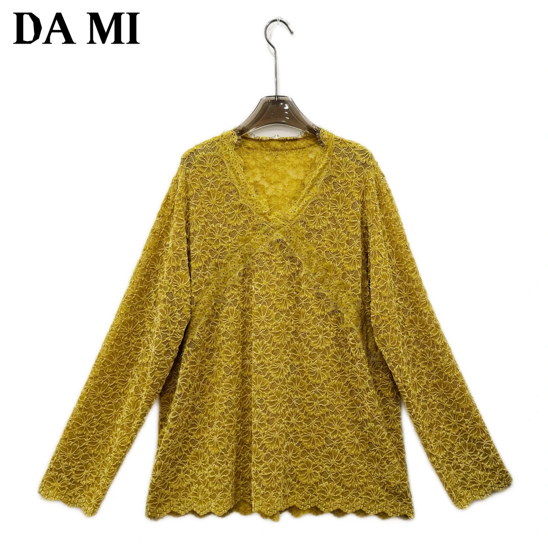 【大蜜】4935#秋季新款时尚V领立体植绒提花蕾丝宽松显瘦女装上衣