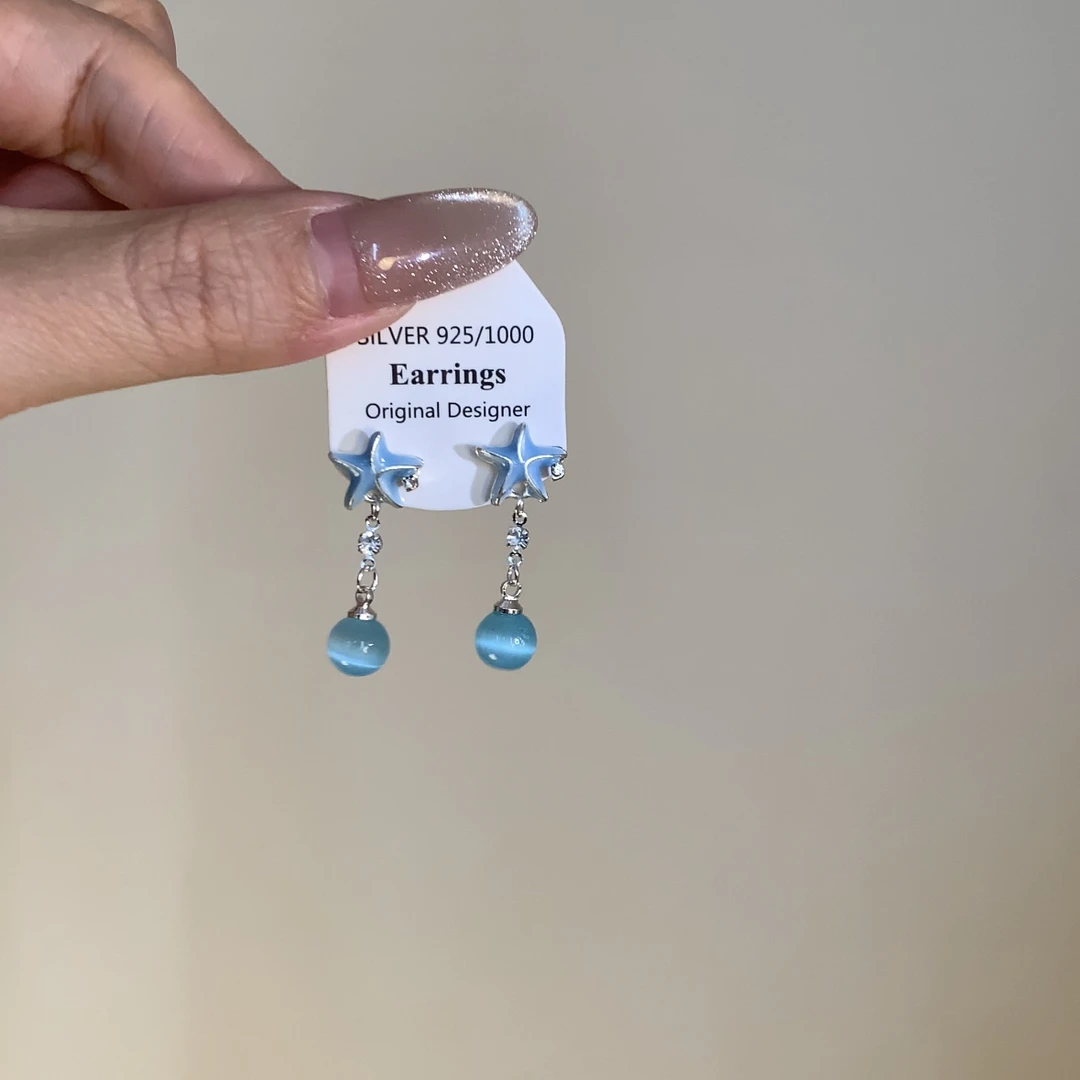 合金耳饰 海洋蓝猫眼海星耳环时尚小众设计感耳环气质甜美耳饰