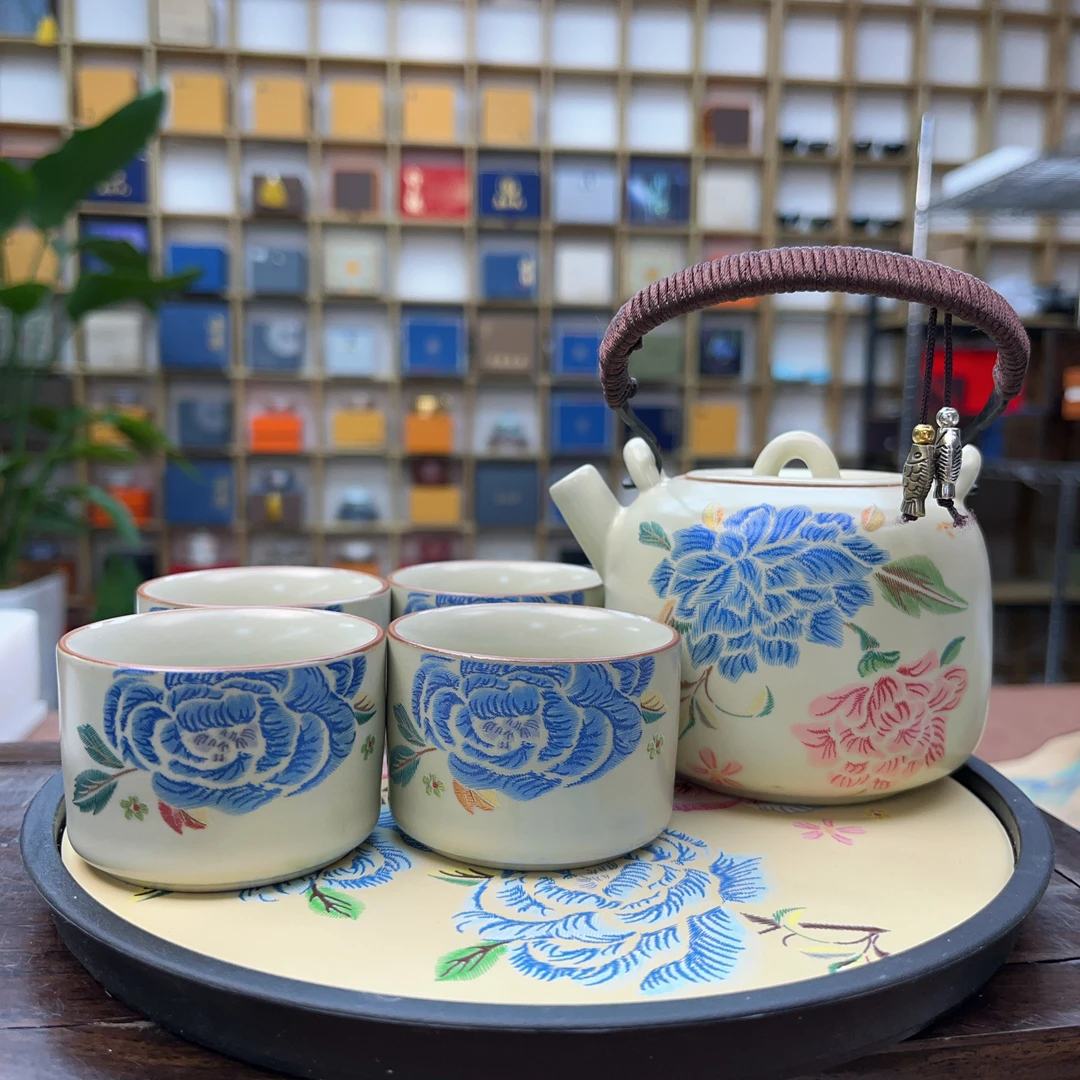 双色牡丹四杯+茶盘-ZH316（众）