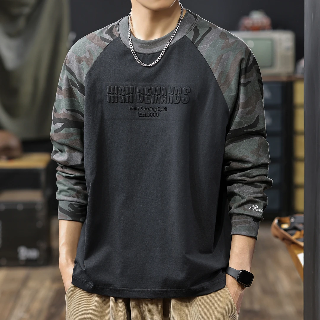 U&PURA美式重磅水洗复古长袖T恤男2025秋季新款潮牌迷彩拼接纯棉