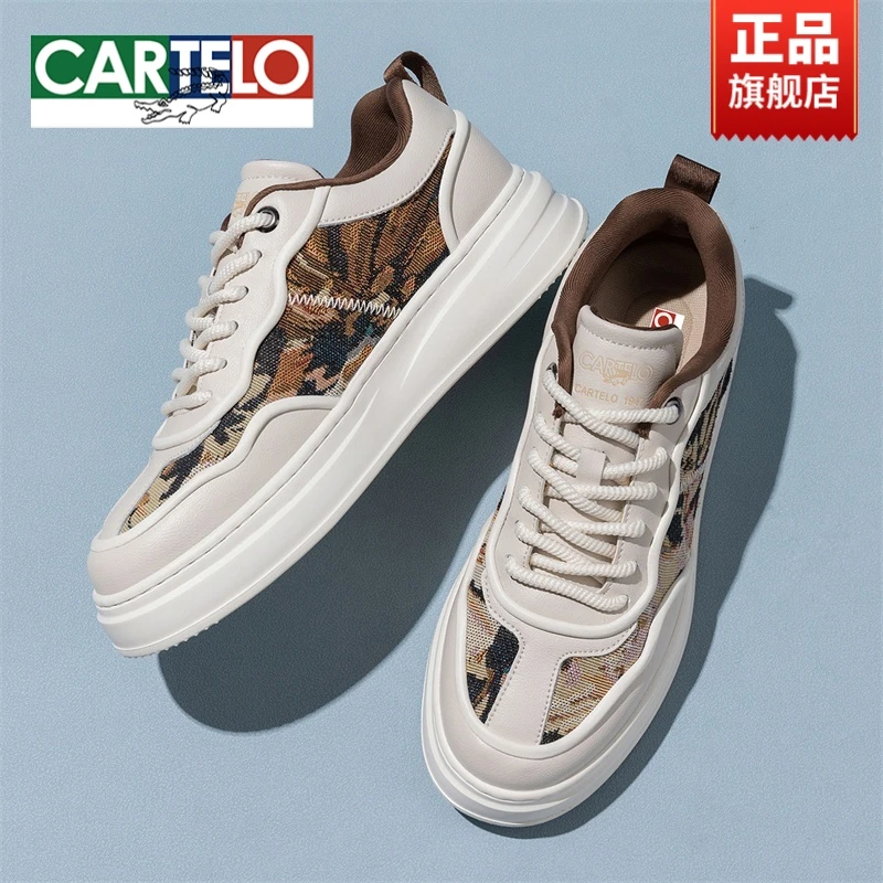 CARTELO/卡帝乐鳄鱼男士百搭休闲国风板鞋秋季刺绣增高网面鞋厚底