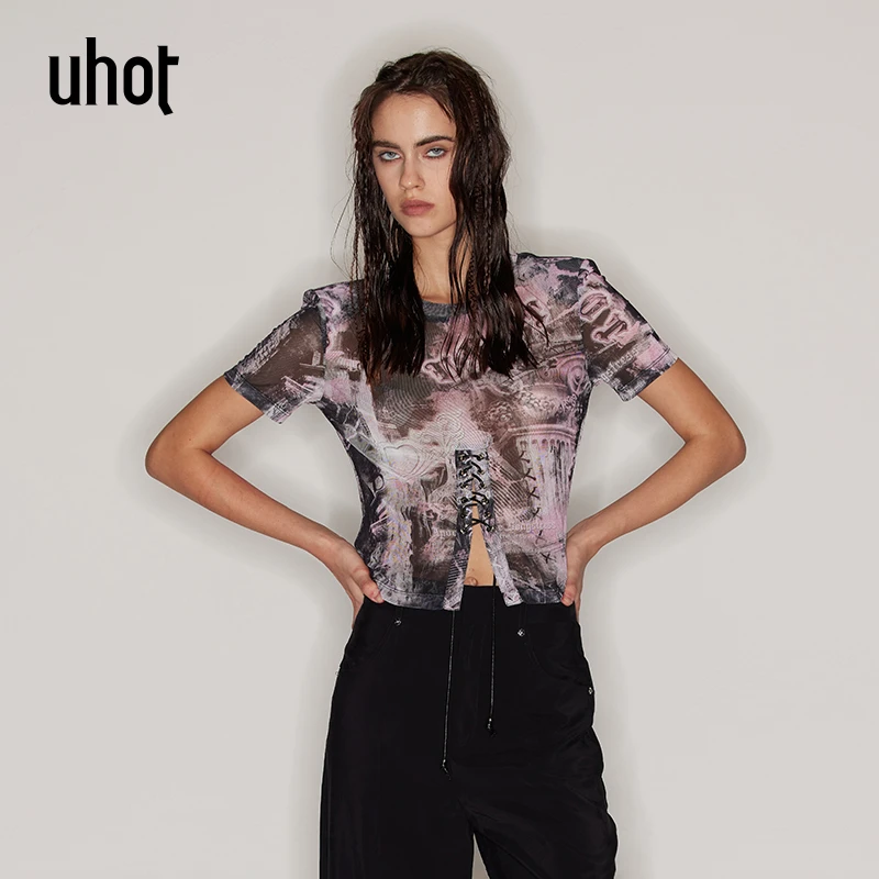 uhot 花色网纱印花短袖T恤时尚洋气潮牌百搭设计感女装 UWFR3T178