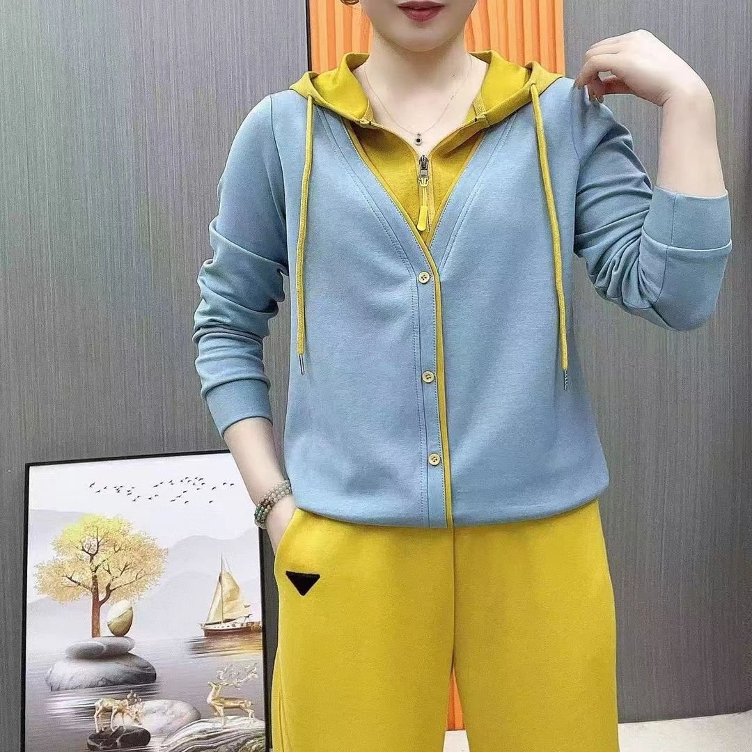 假开衫宽松型冬季长袖春秋常规卫衣宽松时尚女士连帽上衣拼接