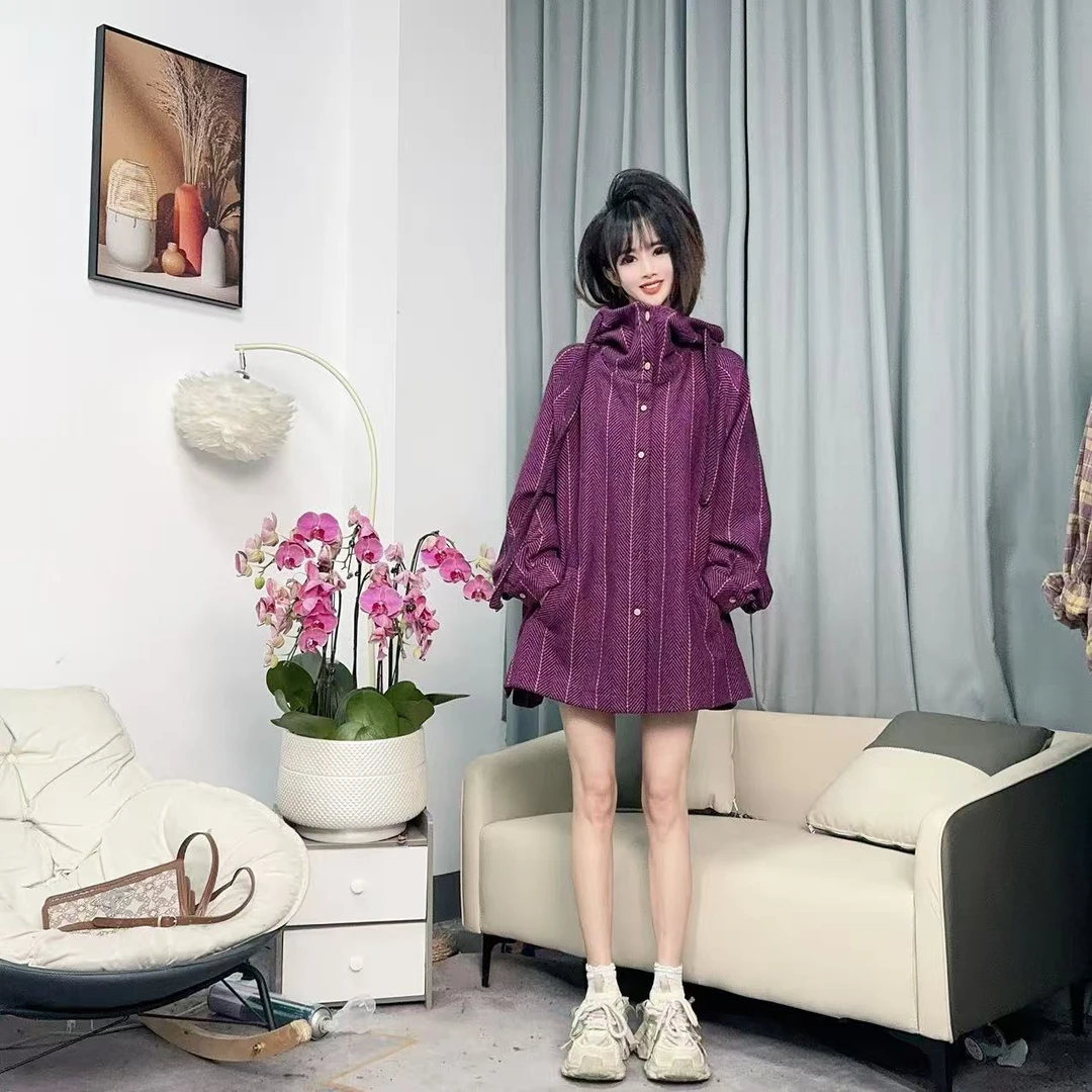 【沐木流浪记】（渡寒烟）紫色小香风连帽双飘带侧开叉女装外套z