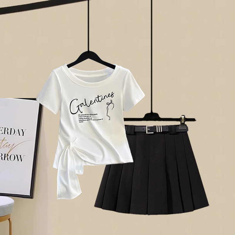 夏装穿搭一整套洋气衣服女时尚韩版收腰绑带T恤高腰百褶裙两件套