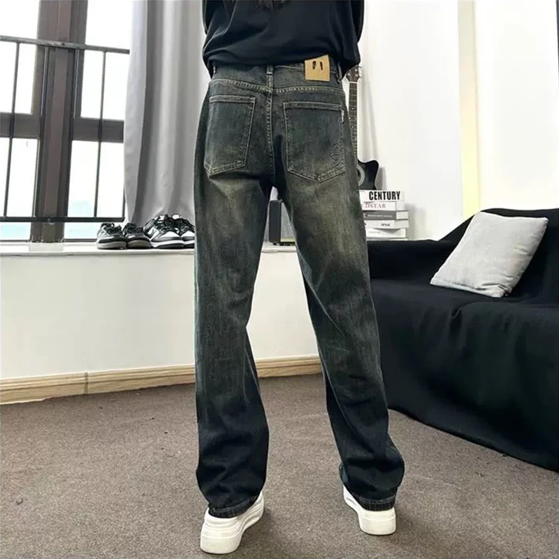 美式高街复古做旧水洗牛仔裤男宽松直筒休闲百搭拖地潮流长裤子男