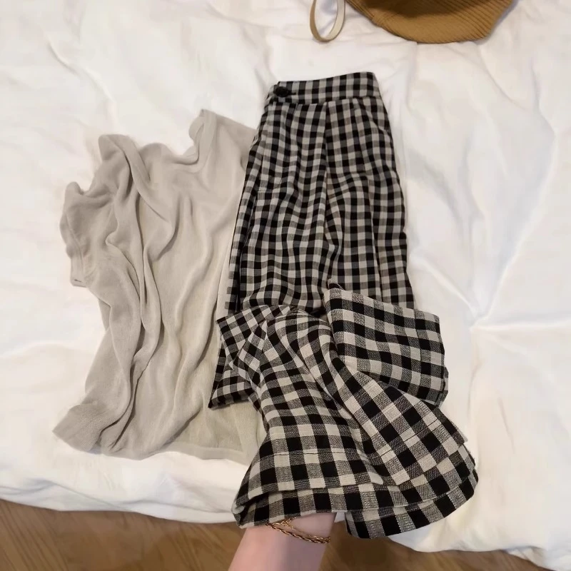 小个子九分格子裤女高腰直筒休闲裤薄款梨型遮胯显瘦慵懒阔腿裤子