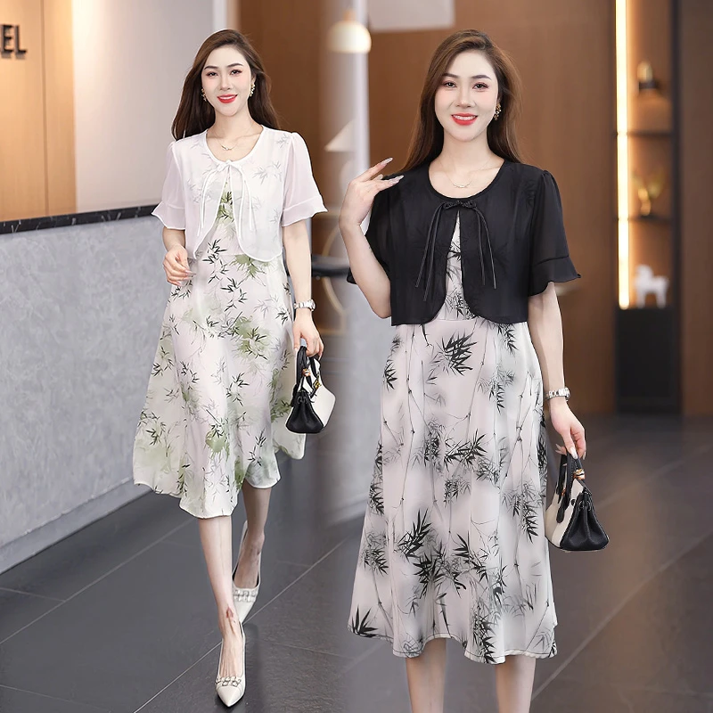 碎花连衣裙新款中老年女装裙子假两件套装裙遮肉显瘦洋气时尚百搭