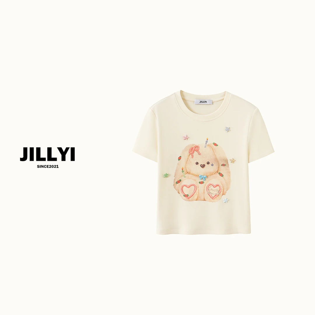 JILLYI南山店【奶油小兔】米色圆领印花时尚夏装百搭休闲套头T恤