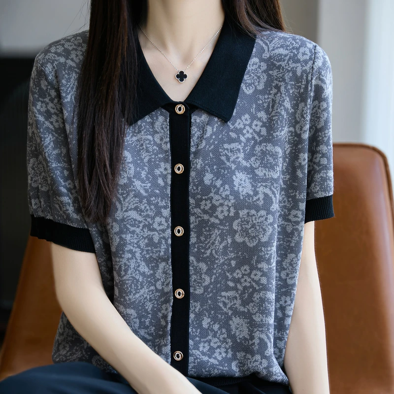 夏季冰丝复古短袖开衫女提花小众夏季薄款洋气设计感毛针织衫百搭