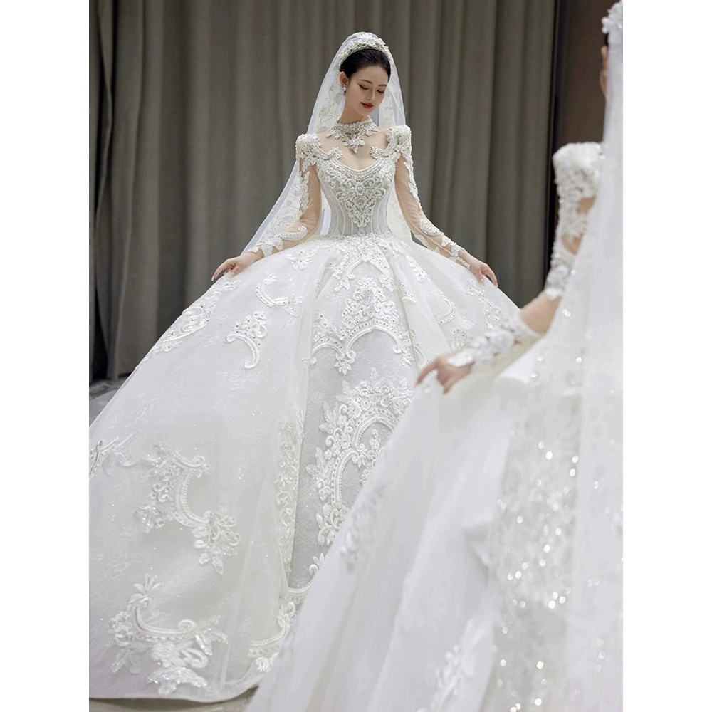 法式白色复古婚纱2025新款新娘主纱高端显瘦小个子重工奢华长拖尾