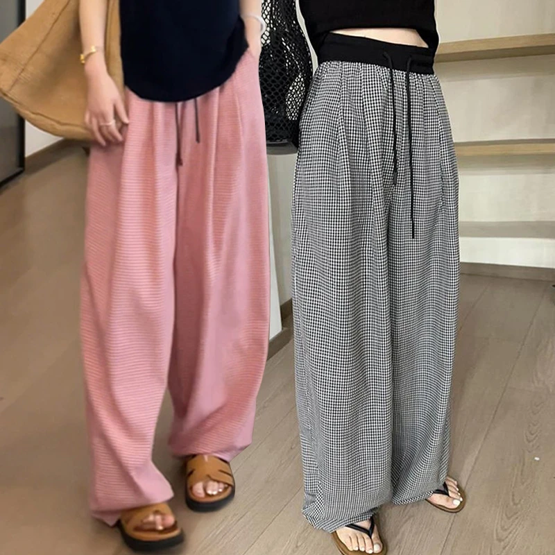 美式潮流格纹高腰直筒裤夏季透气宽松休闲裤女薄款显瘦垂感阔腿裤