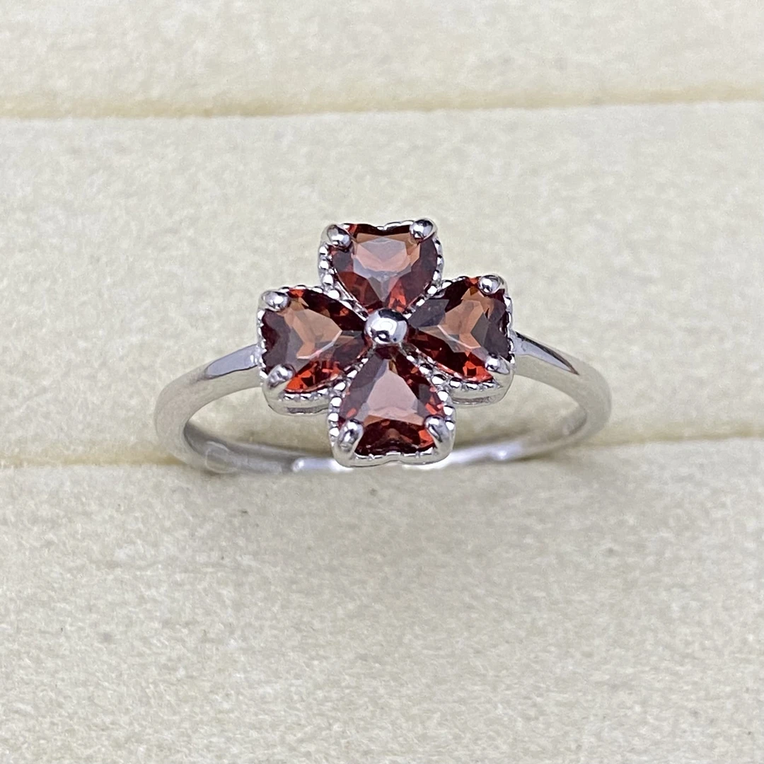 四叶草 天然石榴石戒指s925银 轻奢精致甜美气质优雅时尚百搭Y