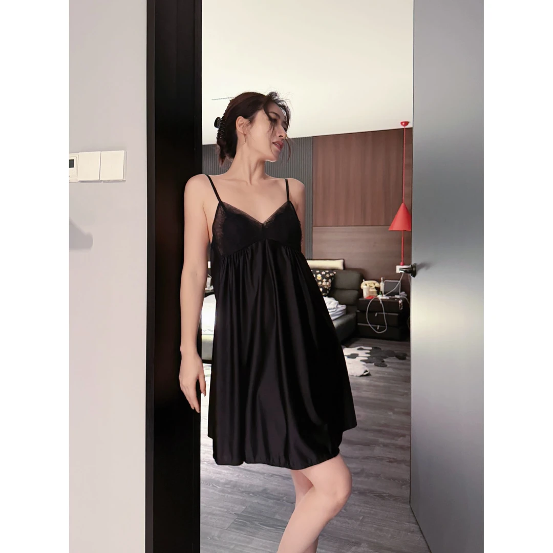 doubleoo法式蕾丝拼接睡裙女带胸垫吊带短裙睡衣性感气质棉感a字