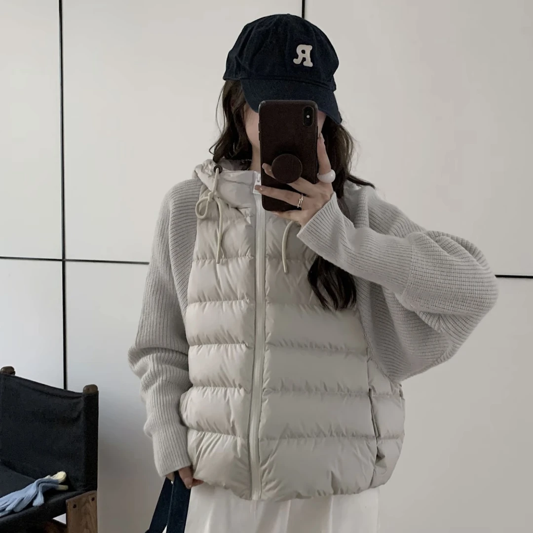 冬季女针织袖拼接连帽宽松休闲保暖面包服短款棉服