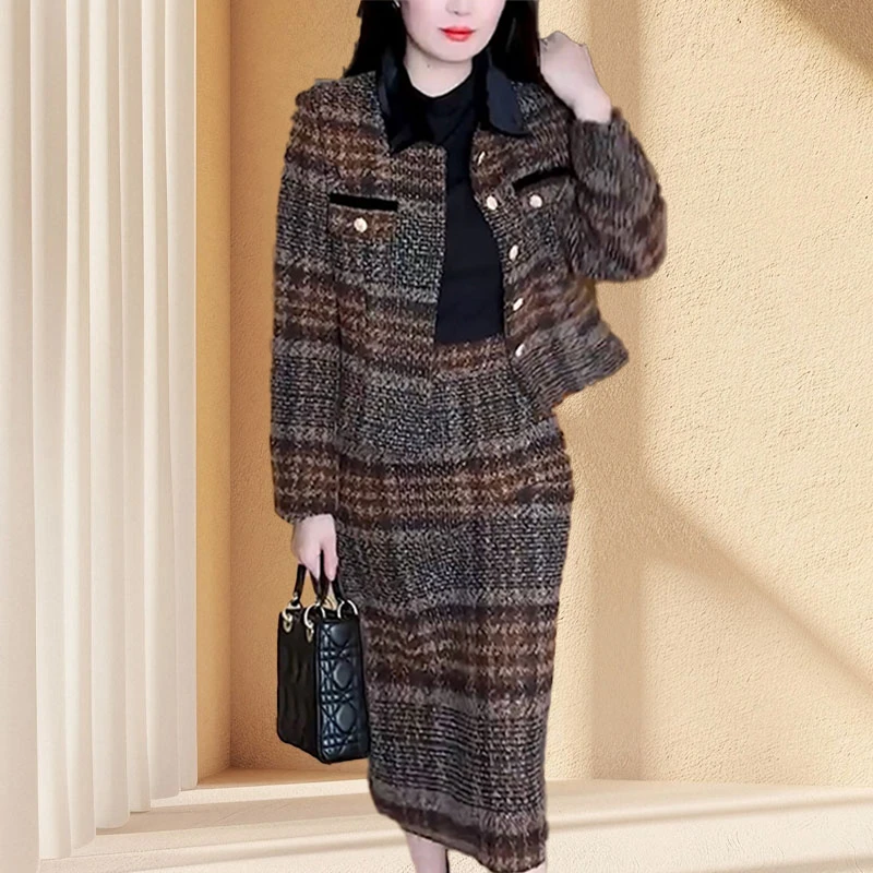小香风套装女2025秋冬新款时髦洋气减龄显瘦裙子格子外套两件套女